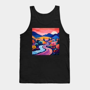 Digital Landscape Art in the Style of Matisse - Orange Sky, Blue Mountain, Orange Valley Tank Top